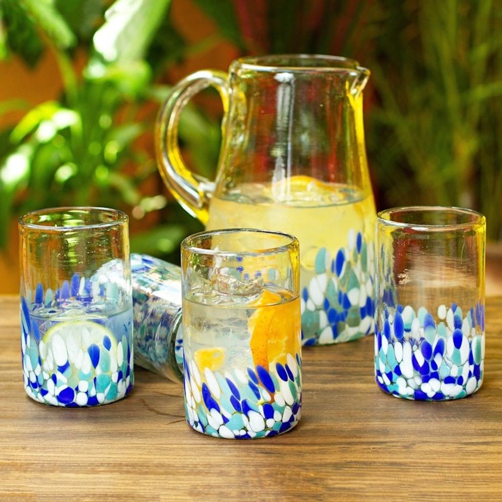 Blue and White Spotted Glass Tumblers from Mexico Set of 6 'Blown Blue'