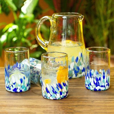 Alternate image for Blue and White Spotted Glass Tumblers from Mexico Set of 6 Blown Blue