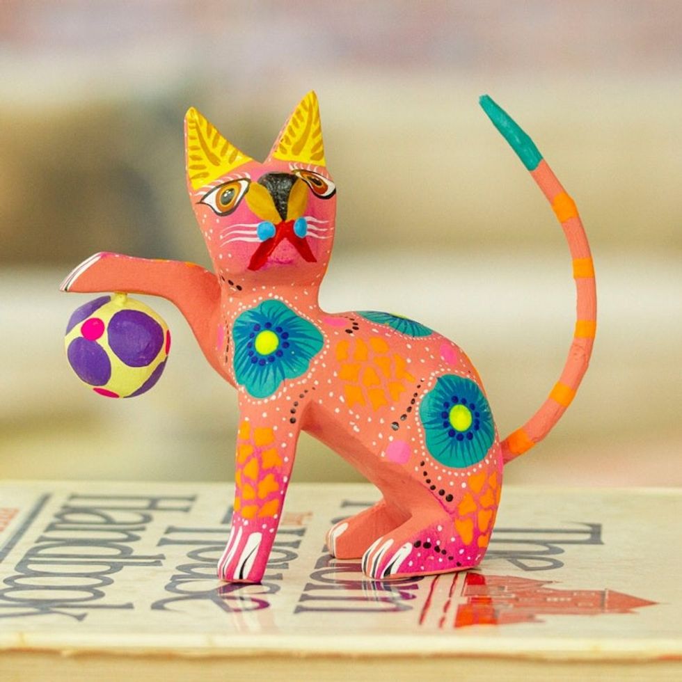 Hand-Painted Wood Alebrije Figurine of Cat Playing with Ball 'Cute Cat with Ball'