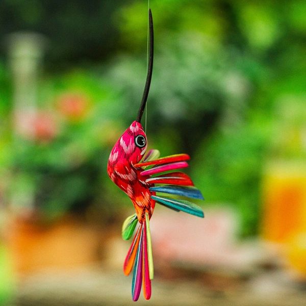 Alternate image for Hand-Painted Carnation Copal Wood Alebrije Bird Ornament Festival Plumage