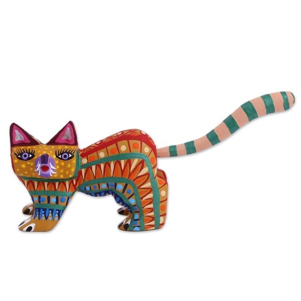 Alternate image for Multicolored Wood Alebrije Cat Figurine from Mexico Walking Festive Cat