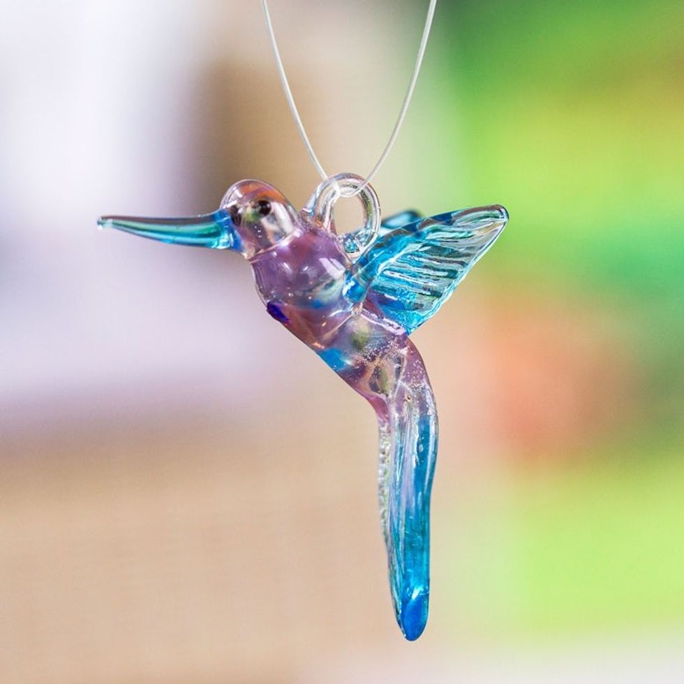 Handblown Recycled Glass Hummingbird Ornament in Mauve 'Mauve Paradise Hummingbird'