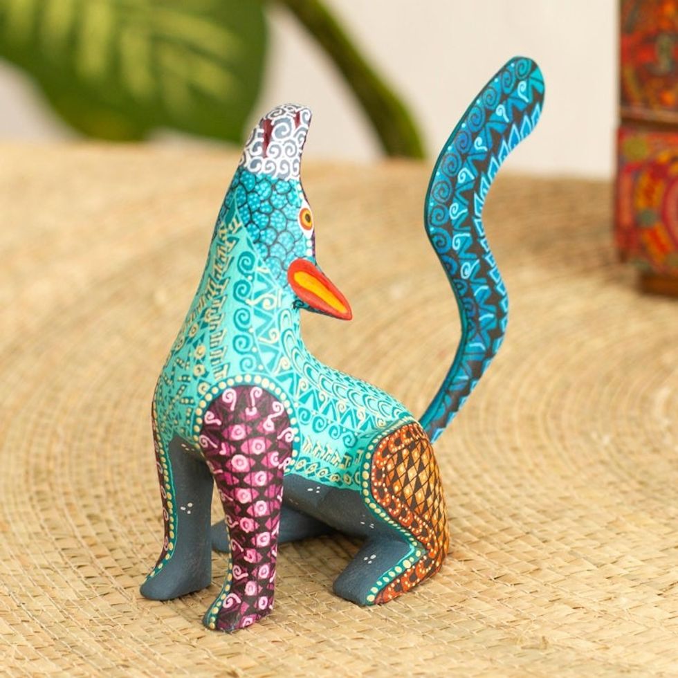 Multicolored Alebrije Coyote Figurine with Geometric Motifs 'Howling Coyote'