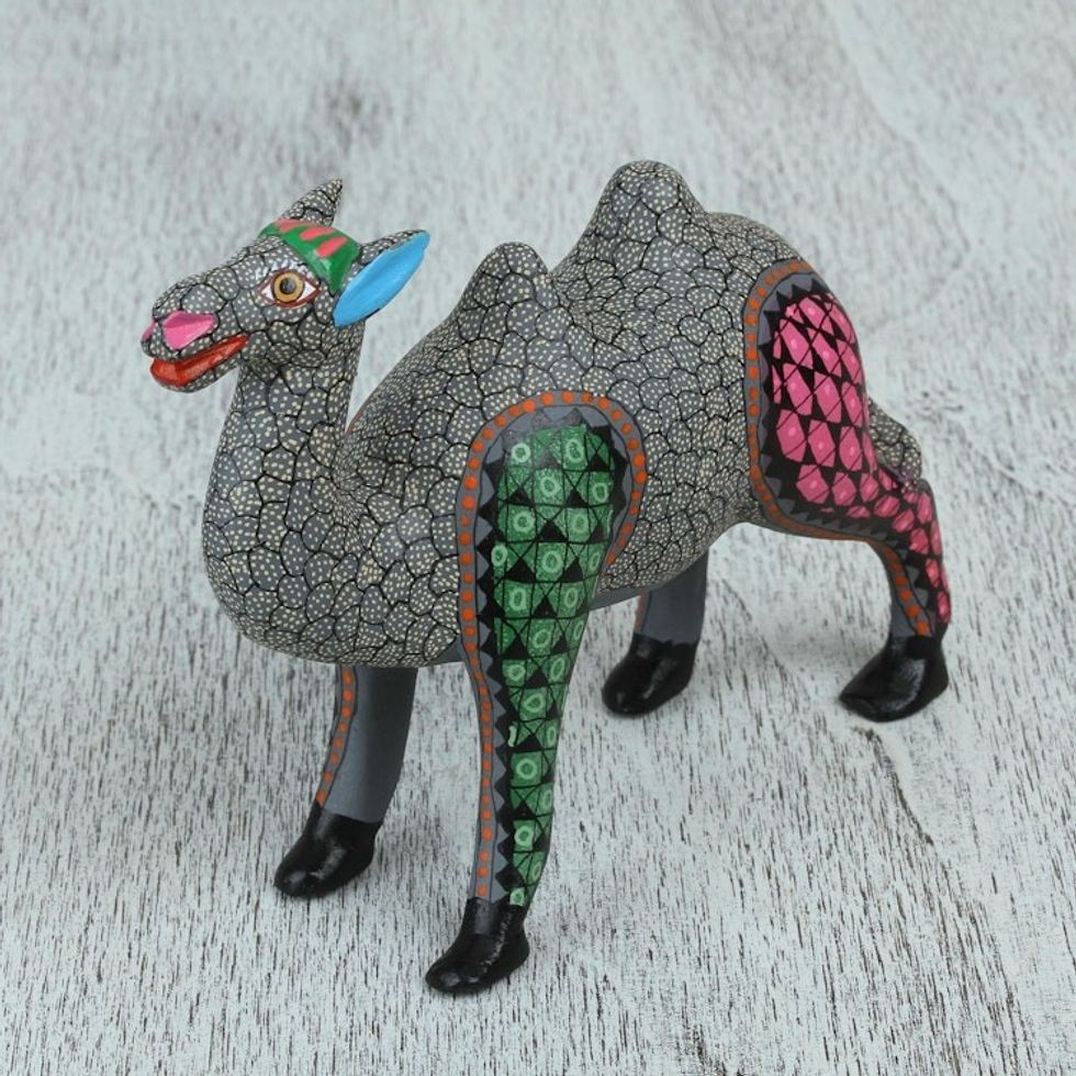 Handcrafted Copal Wood Camel Alebrije Figurine in Grey 'Cheerful Camel'