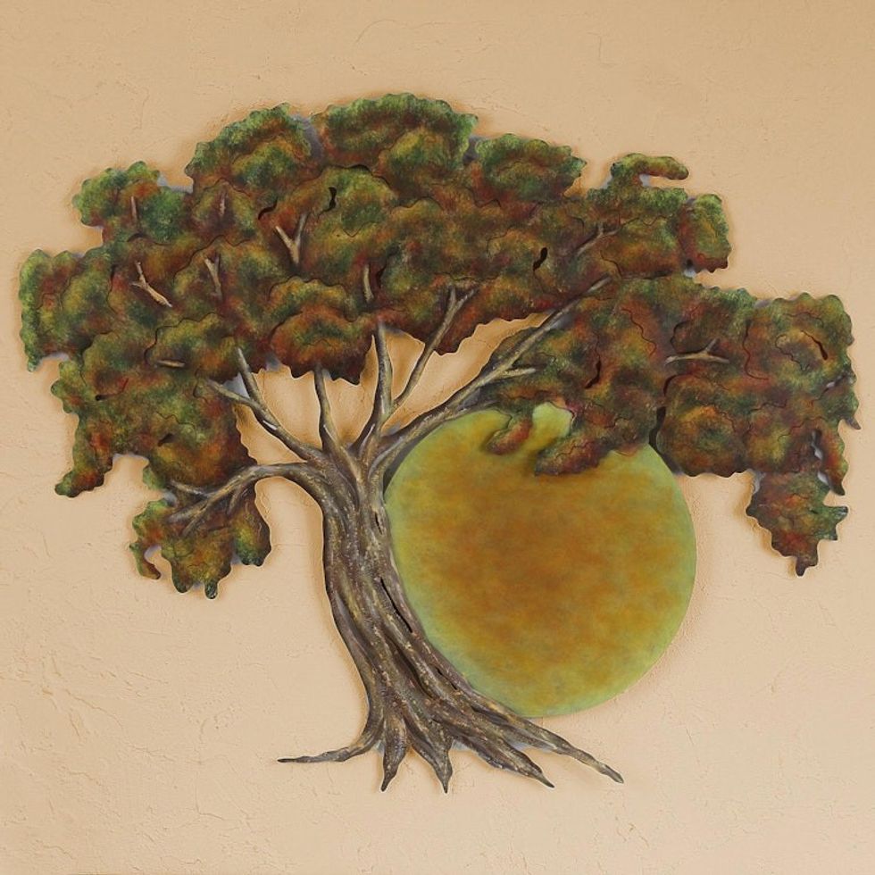 Oak Tree at Sunset Hand Crafted Steel Wall Art from Mexico 'Sunset Oak'