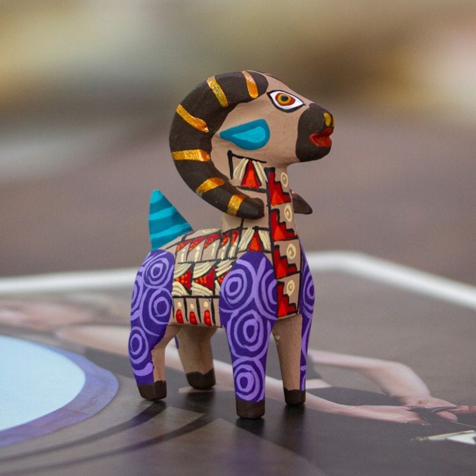 Copal Wood Alebrije Sheep Figurine Hand-Painted in Purple 'Majestic Sheep'