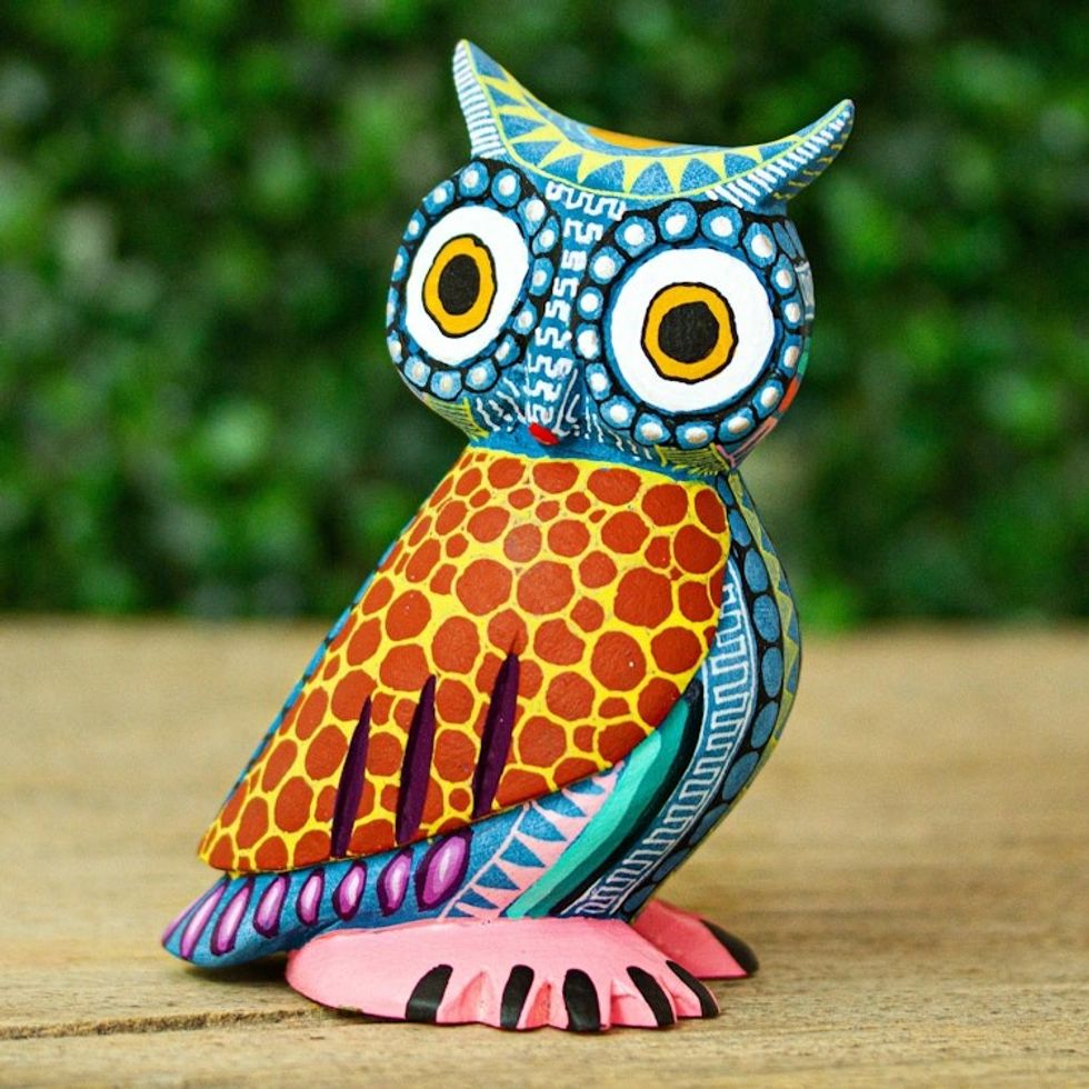 Handcrafted Copal Wood Alebrije Owl Figurine from Mexico 'Owl Delight'