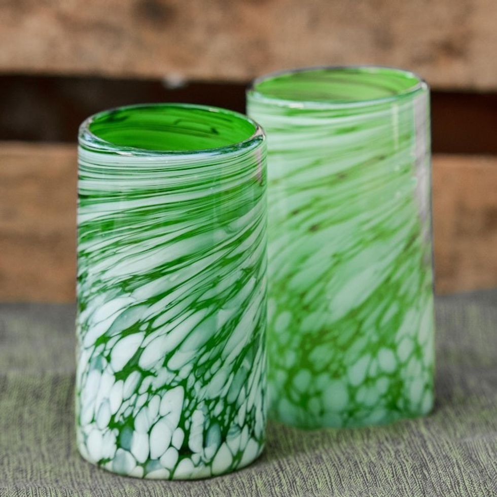 Set of 6 Handblown Green and White Drinking Glasses 'Festive Green'