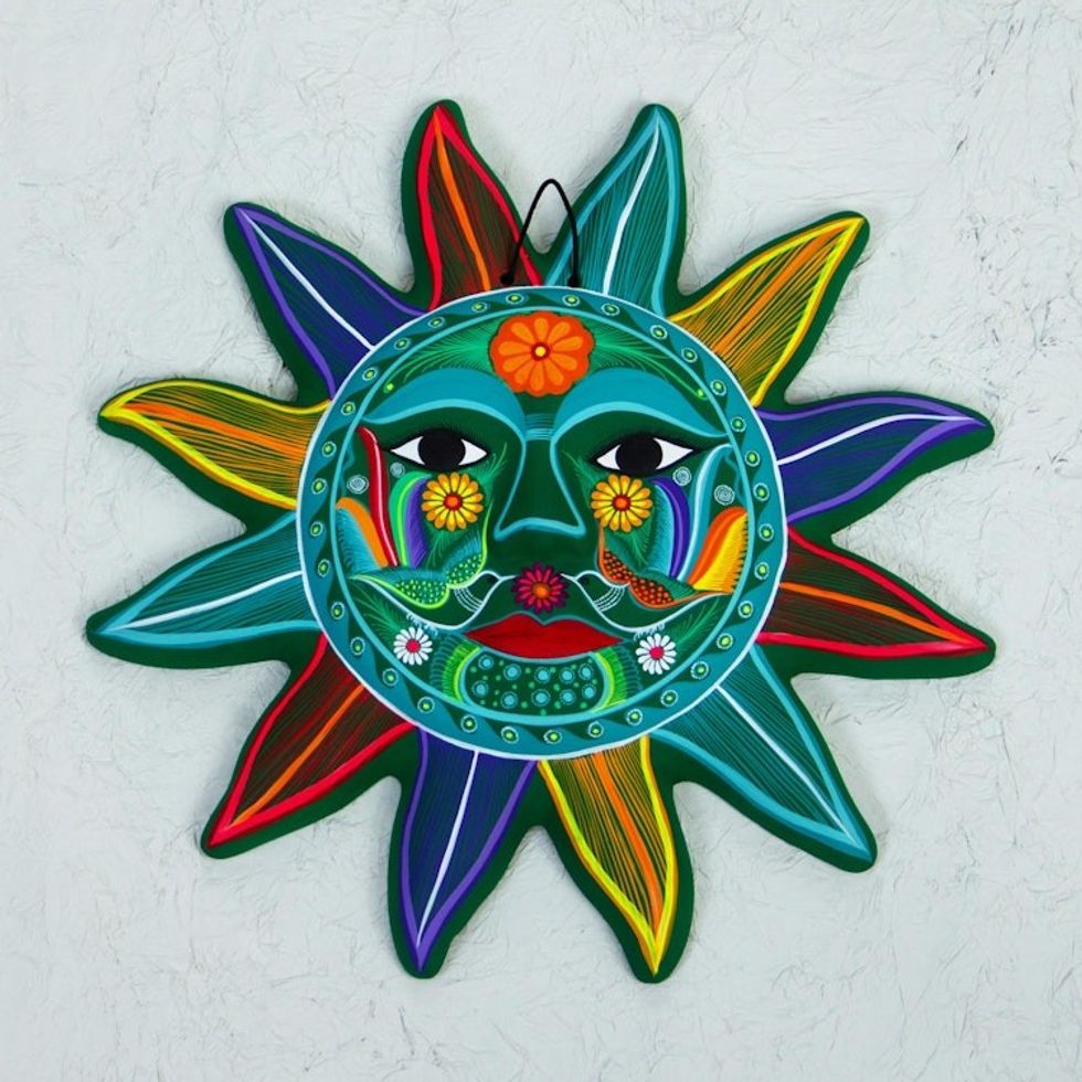 Multicolored Sun Ceramic Wall Art from Mexico 'Teal Sun'