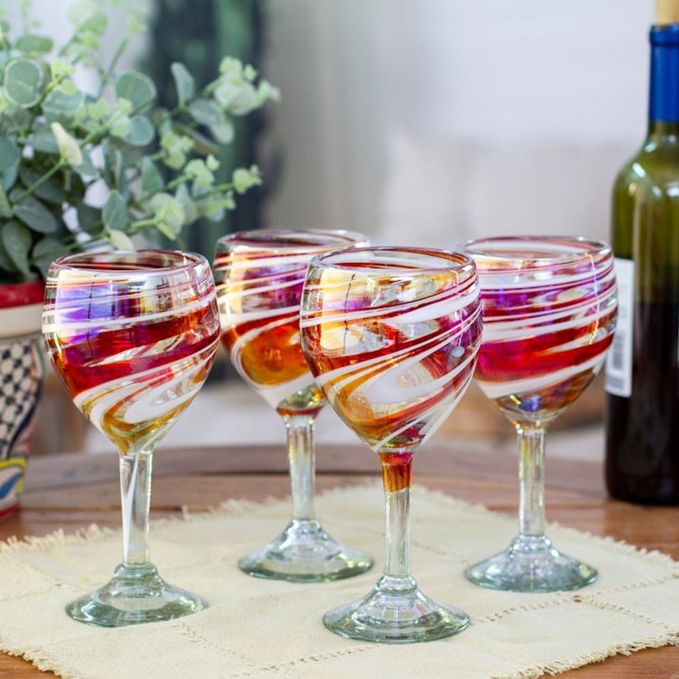 Set of 4 Eco-Friendly Red Handblown Wine Glasses 'Elegance Enchantment'