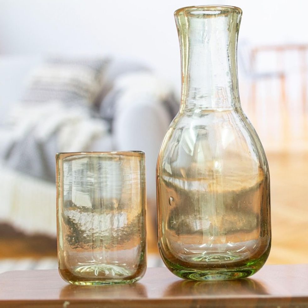 2-Piece Set of Recycled Glass Handblown Carafe and Glass 'Cheers'