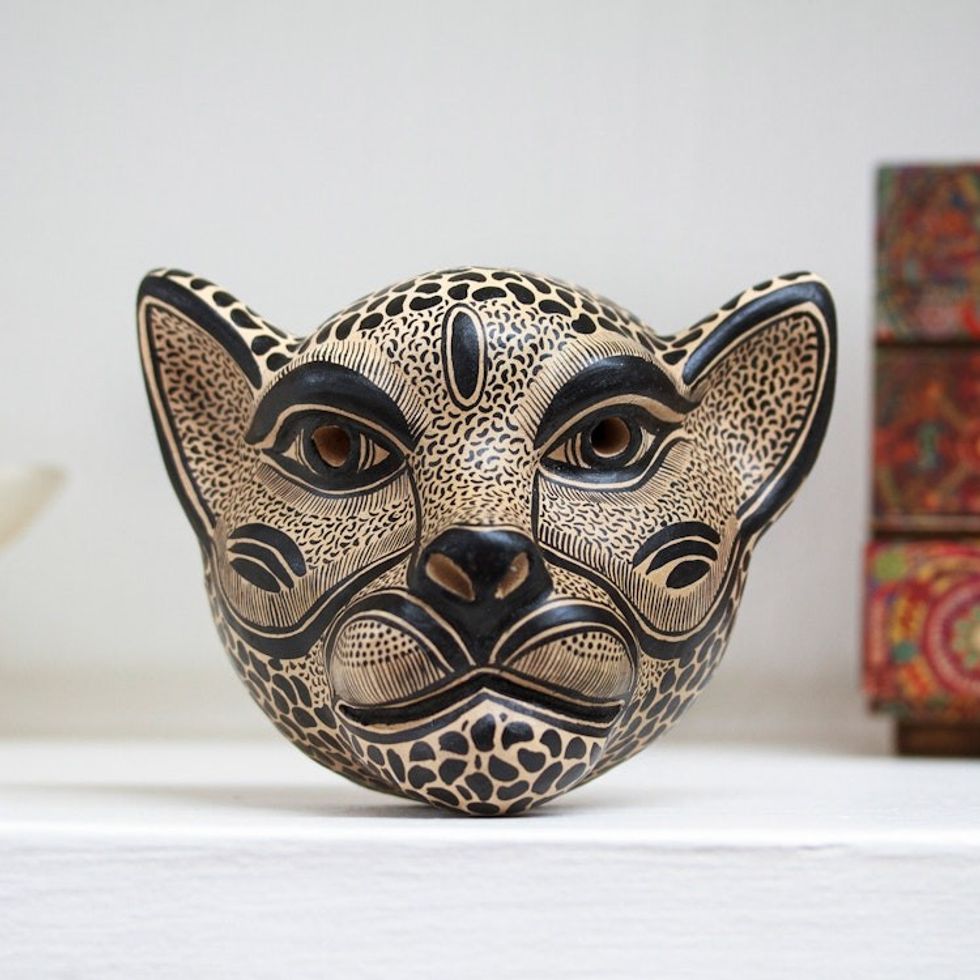 Beige and Black Ceramic Jaguar Decorative Mask Wall Art 'Observant Jaguar'