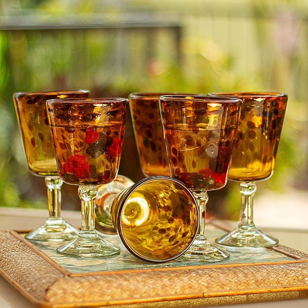 Fair Trade Handblown Wine Glasses Set of 6 Mexico 'Tortoise Shell'