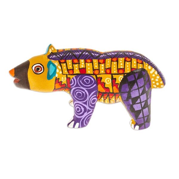 Alternate image for Handmade Geometric Yellow Copal Wood Bear Alebrije Figurine The Noble Master in Yellow