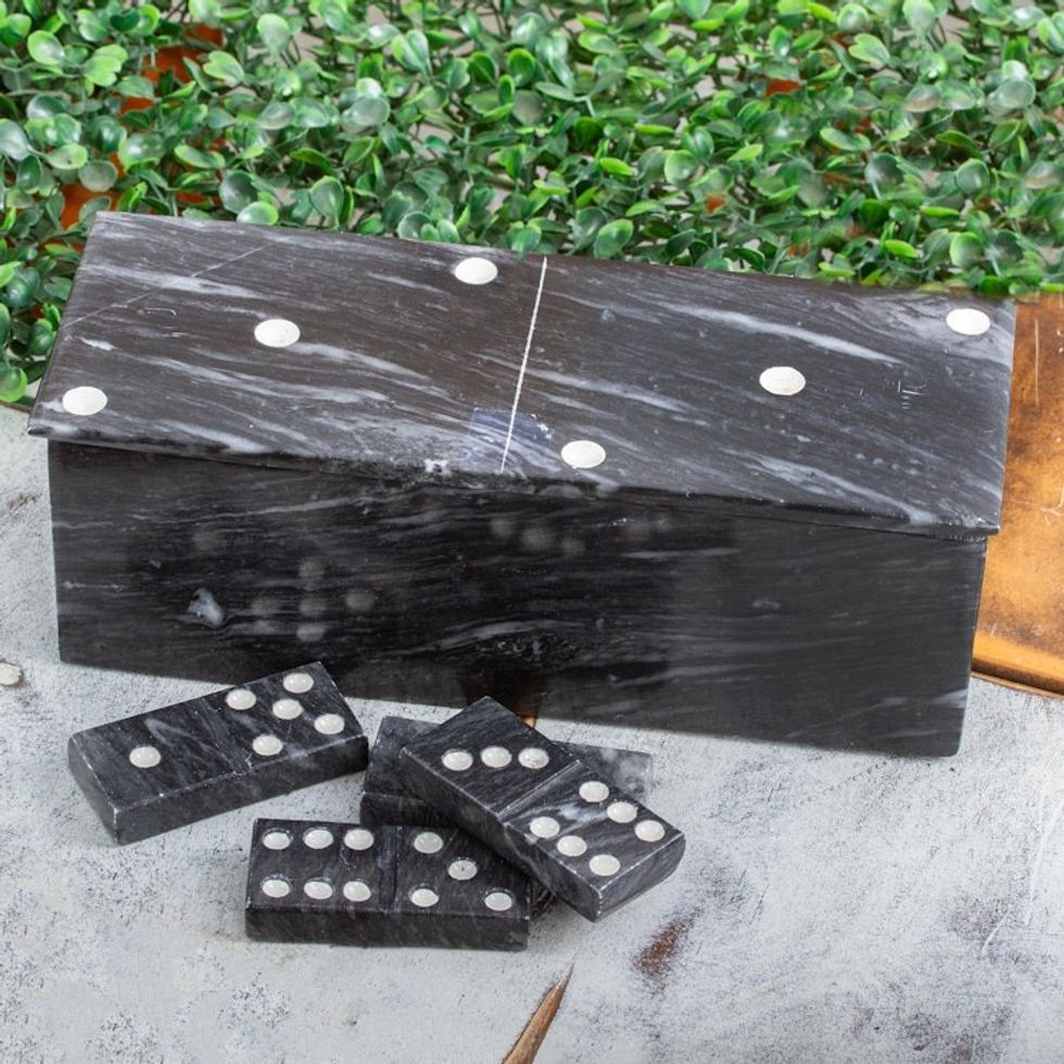 Dark Grey Marble Domino Set with Storage Box 9 Inch 'Fascinating Challenge'