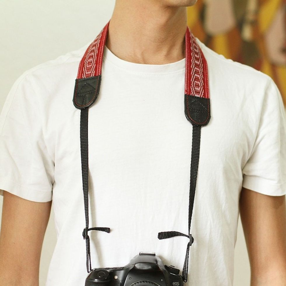 Leather Reinforced Handwoven Brick Red Cotton Camera Strap 'Chic Catch'