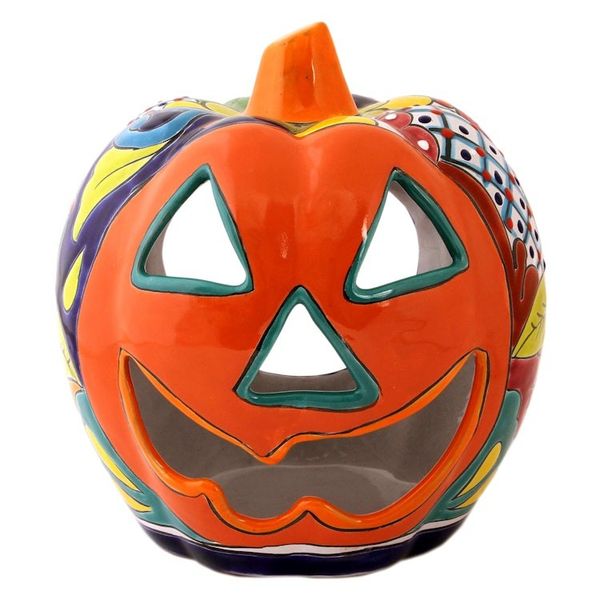 Alternate image for Floral Jack-O-Lantern Talavera Ceramic Candle Holder Jolly Jack-O-Lantern