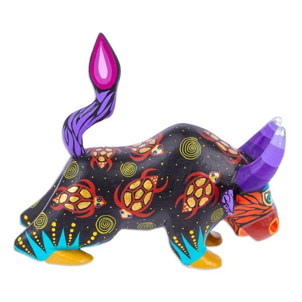 Alternate image for Hand-Painted Colorful Wood Alebrije Bull Figurine in Black Sea Bull