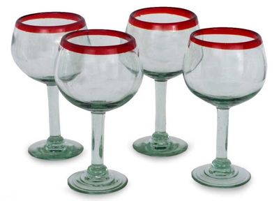 Alternate image for Set of 4 Hand Blown Wine Glasses Clear with Red Rim Mexico Ruby Globe