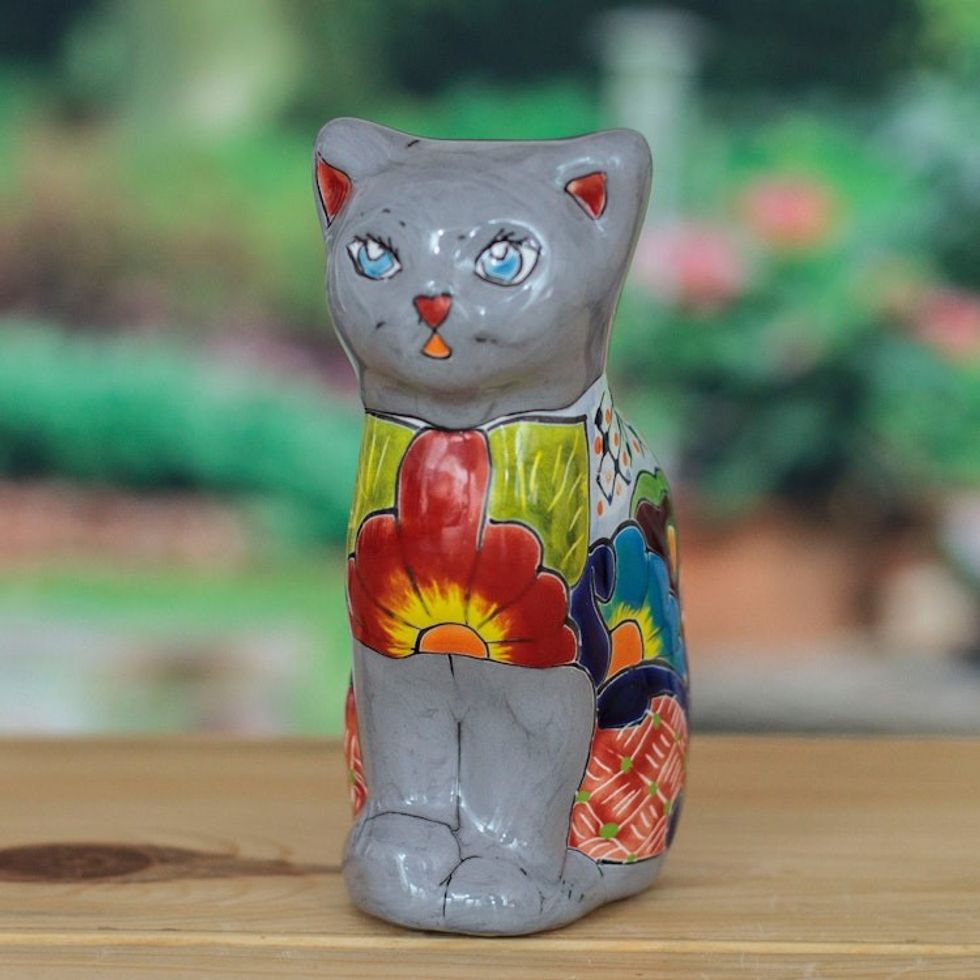 Hand-Painted Hacienda Cat-Themed Ceramic Sculpture in Grey 'Feline Essence in Grey'