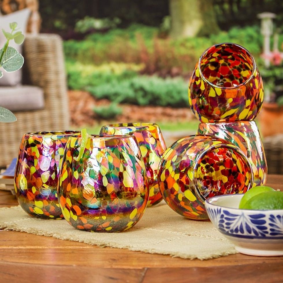 Set of 6 Multicolor Handblown Stemless Wine Glasses 'Intense Gallantry'