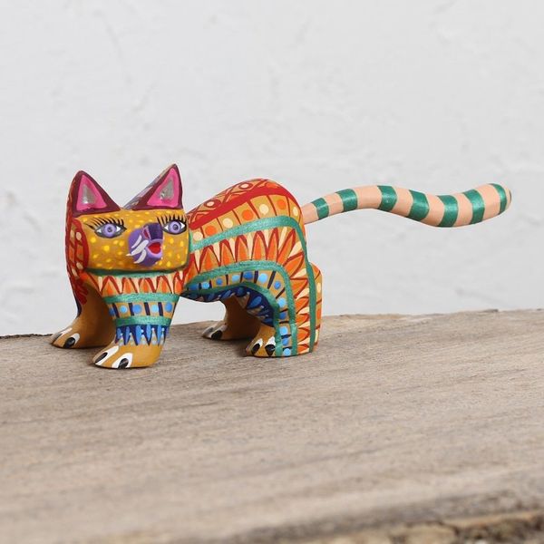 Alternate image for Multicolored Wood Alebrije Cat Figurine from Mexico Walking Festive Cat