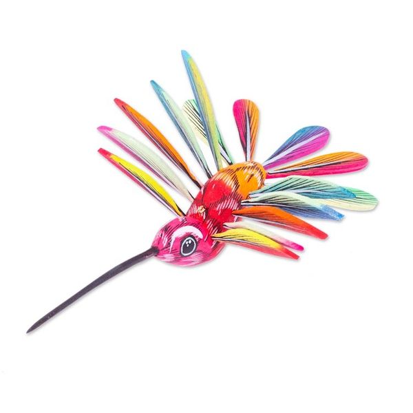 Alternate image for Hand-Painted Carnation Copal Wood Alebrije Bird Ornament Festival Plumage