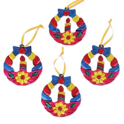 Alternate image for Hammered Tin Wreath Ornaments from Mexico Set of 4 Candlelit Wreaths in Fuchsia