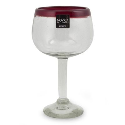Alternate image for Set of 4 Hand Blown Wine Glasses Clear with Red Rim Mexico Ruby Globe