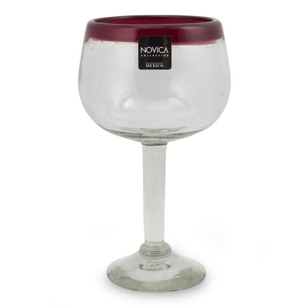 Alternate image for Set of 4 Hand Blown Wine Glasses Clear with Red Rim Mexico Ruby Globe