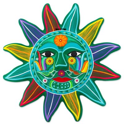 Alternate image for Multicolored Sun Ceramic Wall Art from Mexico Teal Sun