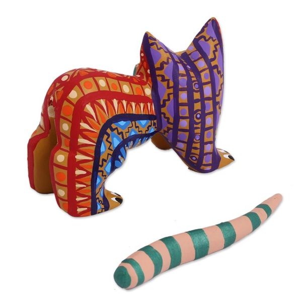 Alternate image for Multicolored Wood Alebrije Cat Figurine from Mexico Walking Festive Cat