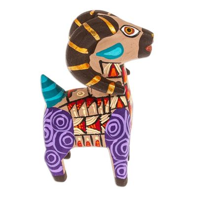 Alternate image for Copal Wood Alebrije Sheep Figurine Hand-Painted in Purple Majestic Sheep