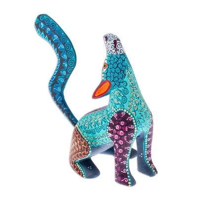 Alternate image for Multicolored Alebrije Coyote Figurine with Geometric Motifs Howling Coyote