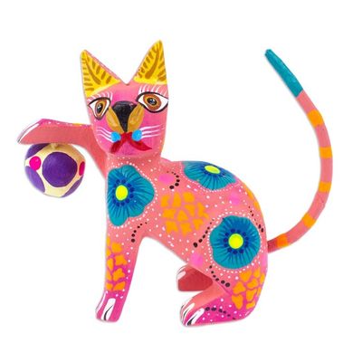 Alternate image for Hand-Painted Wood Alebrije Figurine of Cat Playing with Ball Cute Cat with Ball