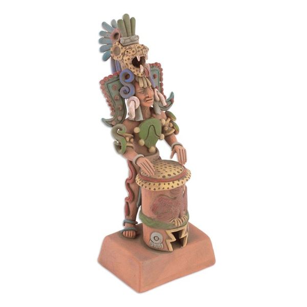 Alternate image for Unique Aztec Museum Replica Ceramic Sculpture Jaguar Warrior and Huehuetl
