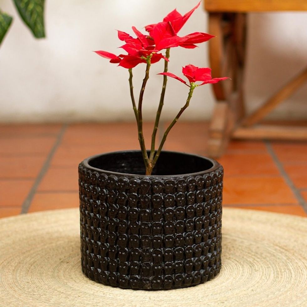 Black Ceramic Planter with Skull Design 'Tzompantli'