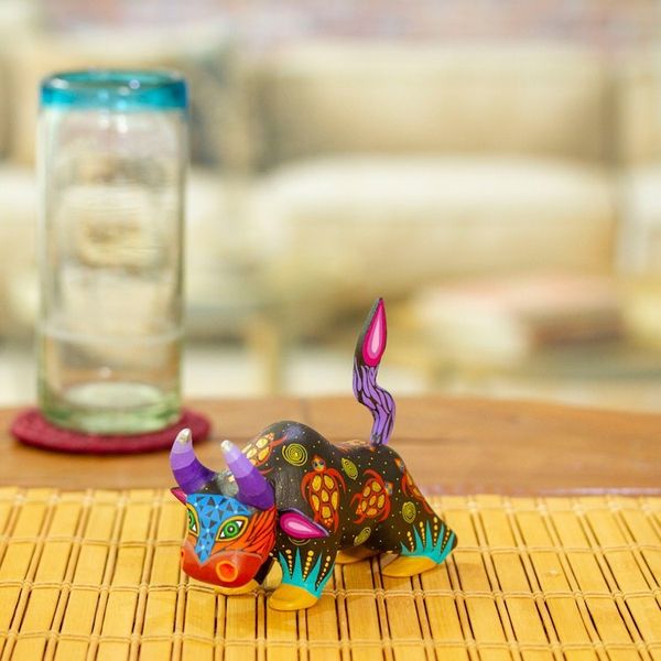 Alternate image for Hand-Painted Colorful Wood Alebrije Bull Figurine in Black Sea Bull