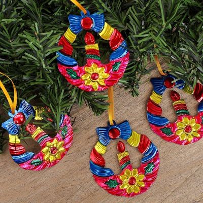 Alternate image for Hammered Tin Wreath Ornaments from Mexico Set of 4 Candlelit Wreaths in Fuchsia