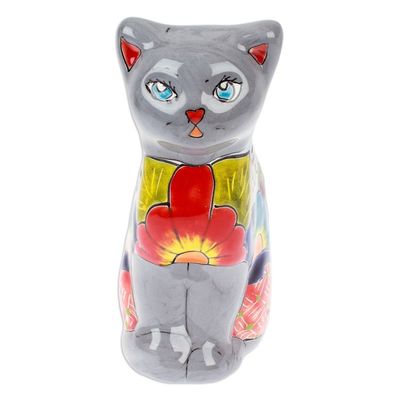 Alternate image for Hand-Painted Hacienda Cat-Themed Ceramic Sculpture in Grey Feline Essence in Grey