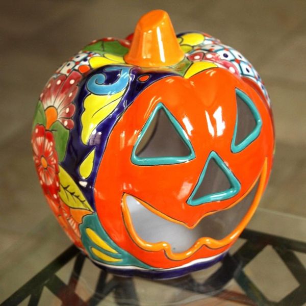 Alternate image for Floral Jack-O-Lantern Talavera Ceramic Candle Holder Jolly Jack-O-Lantern