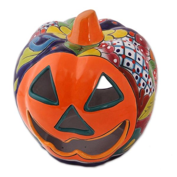 Alternate image for Floral Jack-O-Lantern Talavera Ceramic Candle Holder Jolly Jack-O-Lantern