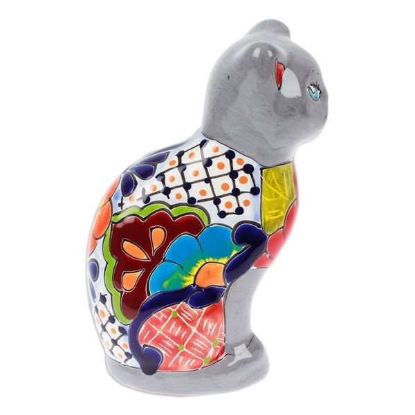 Alternate image for Hand-Painted Hacienda Cat-Themed Ceramic Sculpture in Grey Feline Essence in Grey