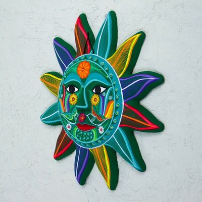 Alternate image for Multicolored Sun Ceramic Wall Art from Mexico Teal Sun
