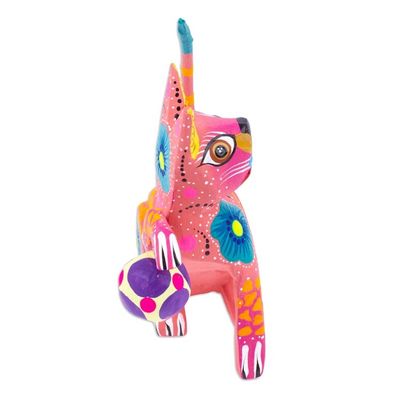 Alternate image for Hand-Painted Wood Alebrije Figurine of Cat Playing with Ball Cute Cat with Ball