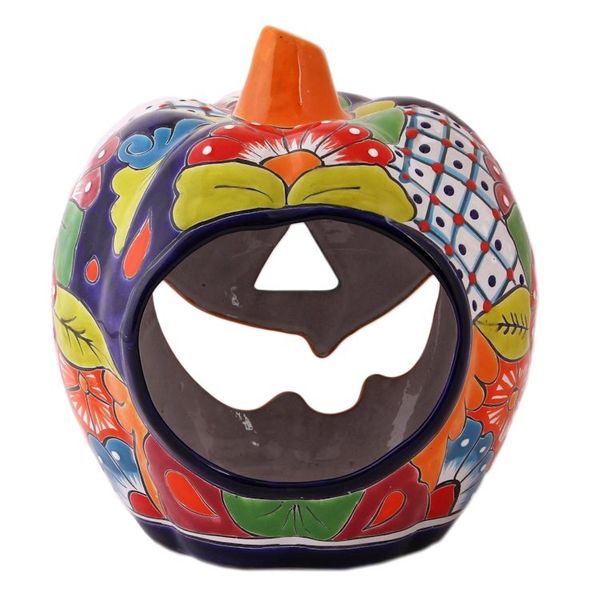 Alternate image for Floral Jack-O-Lantern Talavera Ceramic Candle Holder Jolly Jack-O-Lantern