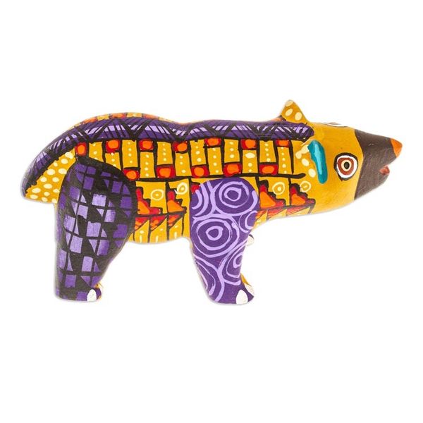 Alternate image for Handmade Geometric Yellow Copal Wood Bear Alebrije Figurine The Noble Master in Yellow