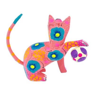 Alternate image for Hand-Painted Wood Alebrije Figurine of Cat Playing with Ball Cute Cat with Ball