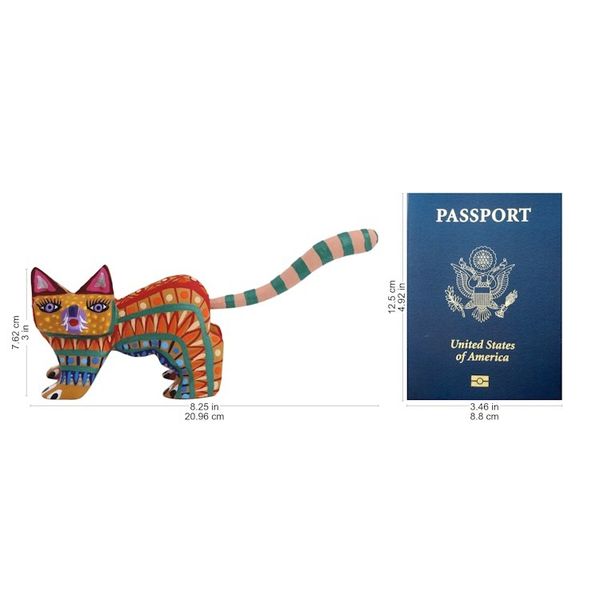 Alternate image for Multicolored Wood Alebrije Cat Figurine from Mexico Walking Festive Cat