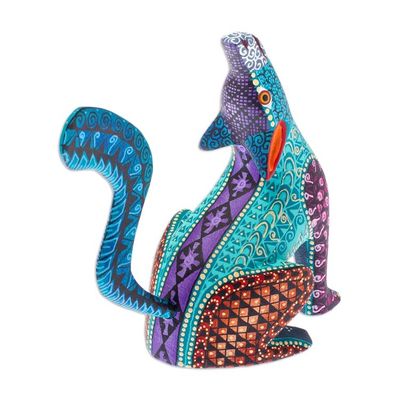 Alternate image for Multicolored Alebrije Coyote Figurine with Geometric Motifs Howling Coyote